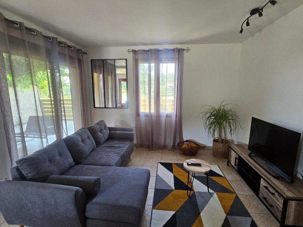 un salon avec un canapé bleu et une télévision dans l'établissement Gite du Pin de Pardaillan, à Pardaillan
