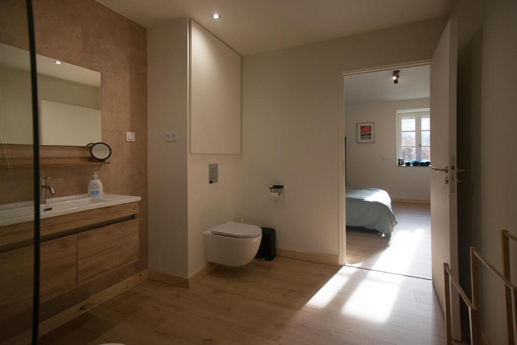 een badkamer met een toilet, een wastafel en een bed bij Moulin de Saza in Le Vigeant