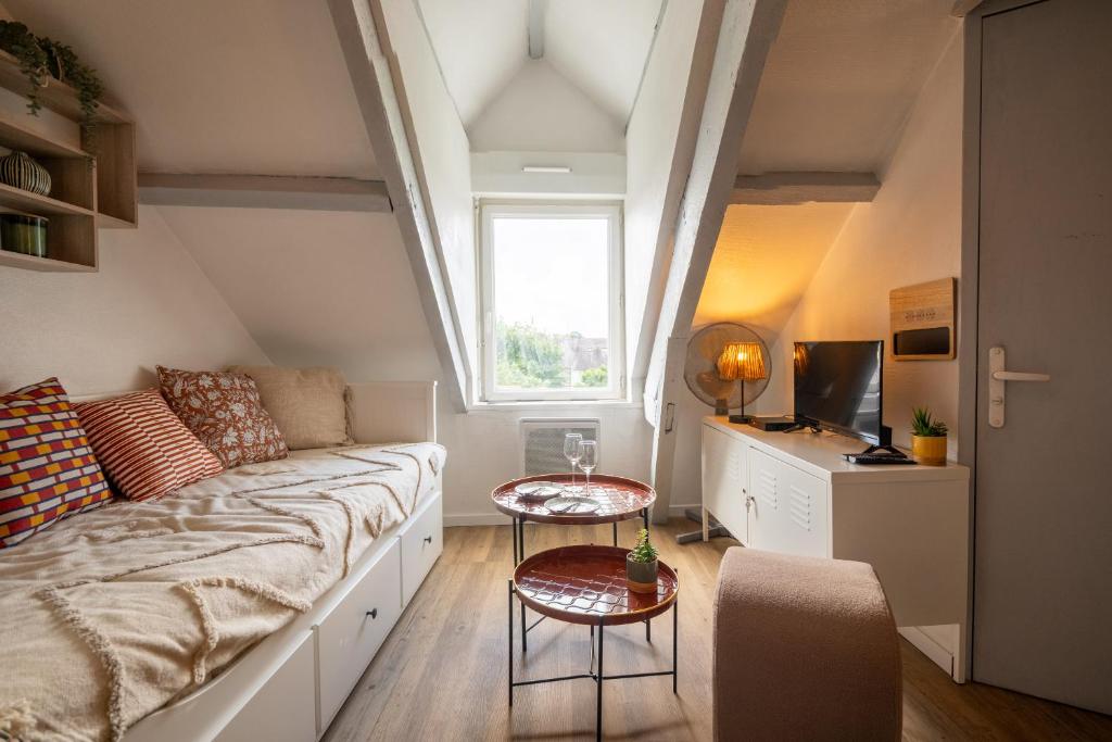 a living room with a couch and a table at Le cocon de la gare in Rennes