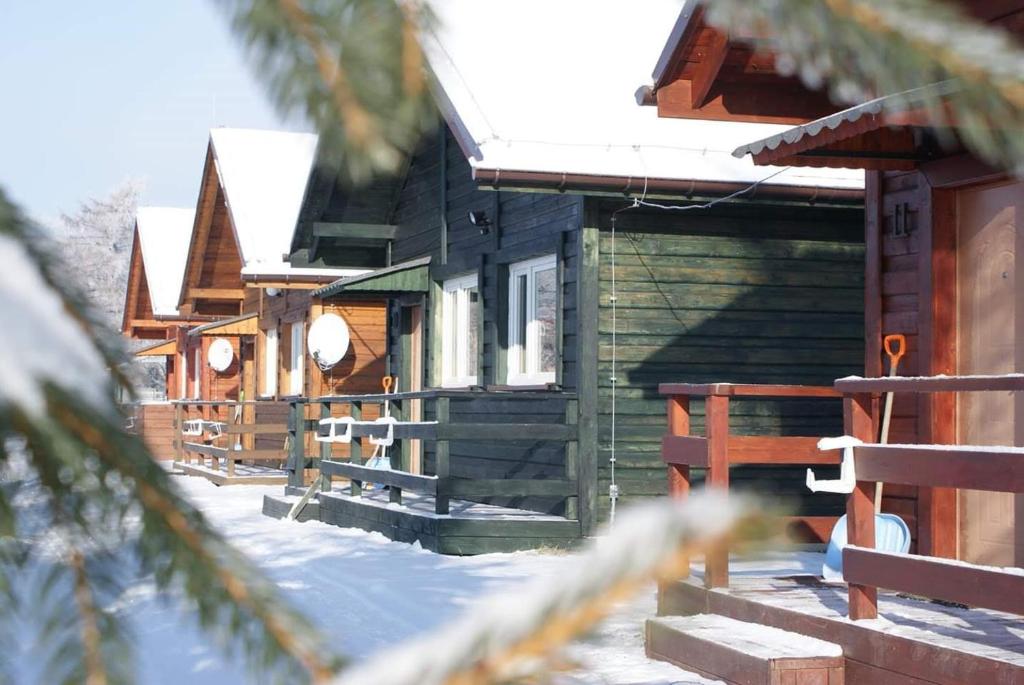a row of wooden houses in the snow at Stanica pod Zadzierną Domki całoroczne in Lubawka