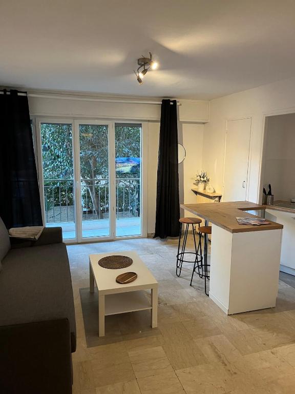 un salon avec un canapé et une table et une cuisine dans l'établissement Coquet studio 10 min de Cannes, au Cannet