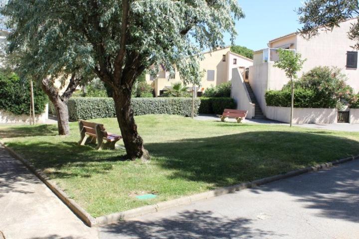 deux bancs assis dans l'herbe sous un arbre dans l'établissement Appartement 2 pièces cabine - Gruissan GN250-089, à Gruissan