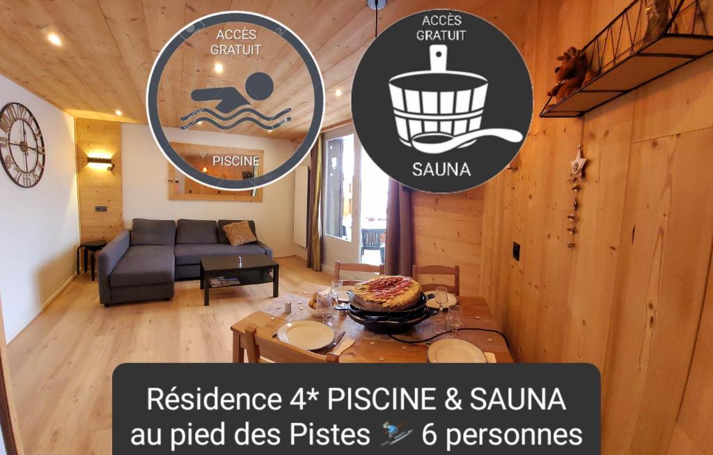 un soggiorno con tavolo e un soggiorno con divano. di Douillet 33 m² piscine et sauna - 6 pers a LʼAlpe-dʼHuez
