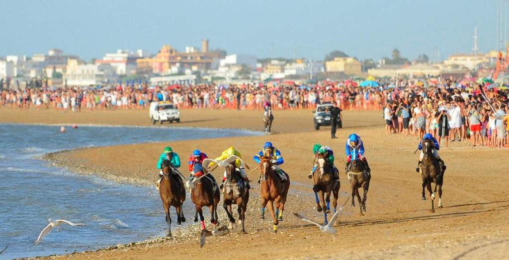 un grupo de caballos corriendo en la playa en Apartamento Al Sur del Sur, en Sanlúcar de Barrameda
