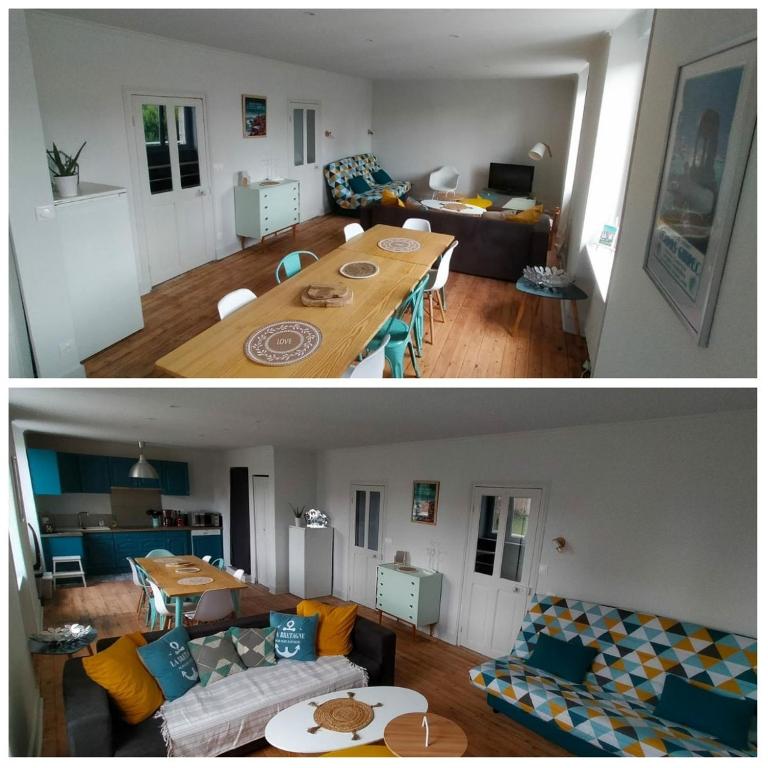 deux photos d'un salon et d'une salle à manger dans l'établissement Côte de Granit Rose 300m des plages, à Trégastel
