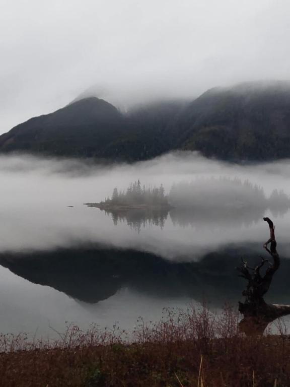 a view of a lake in the middle of a mountain at Ocean's Edge in Port Alice