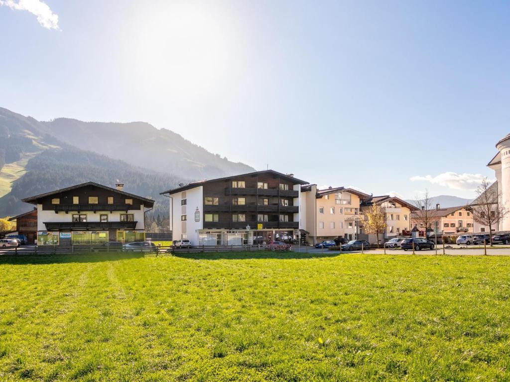 a group of buildings in a green field with a mountain at Brixen Alpin Living Top 11 in Brixen im Thale