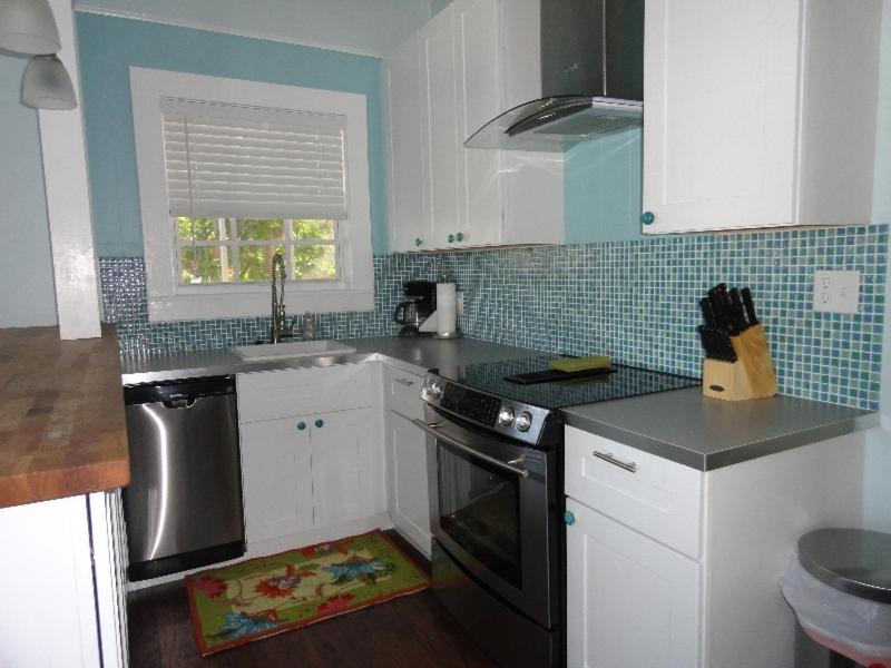 una cocina con fregadero y estufa horno superior en Olivias Nest, en Key West
