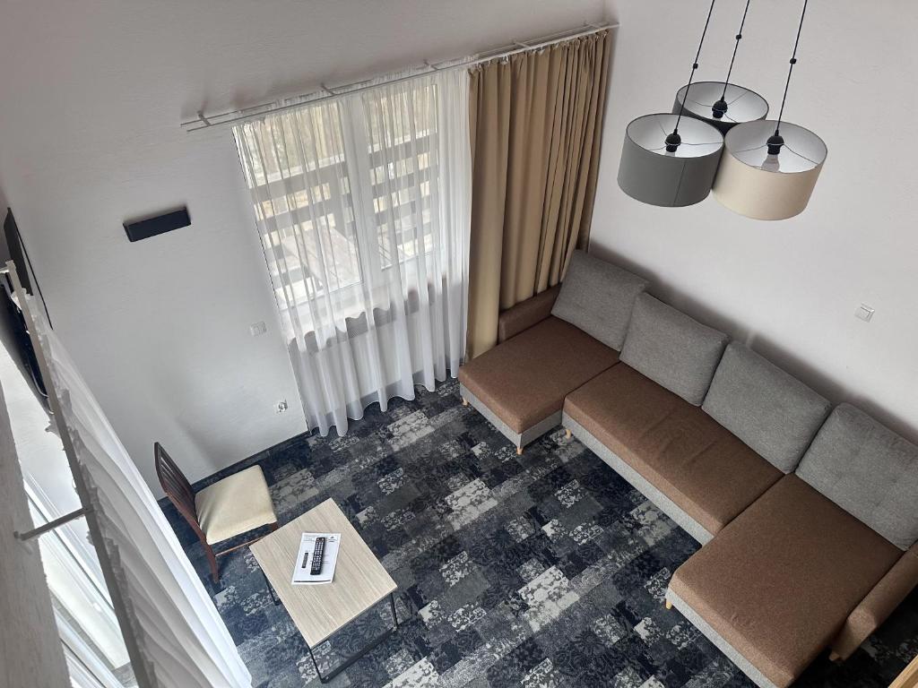 Top-down view of living room with patterned carpet, small coffee table and L-shaped sofa