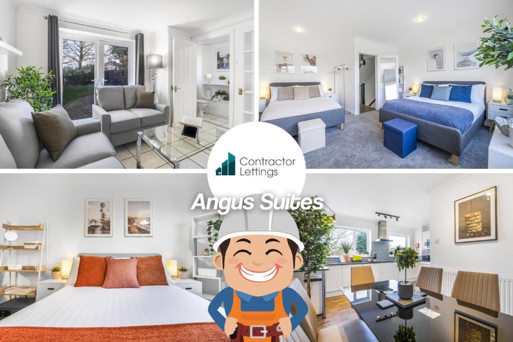 un collage de dos fotos de una sala de estar y un apartamento en 4 Bedroom Elegant House Near Peterborough City Center with Free Parking - Angus Suites by Contractor Lettings, en Peterborough