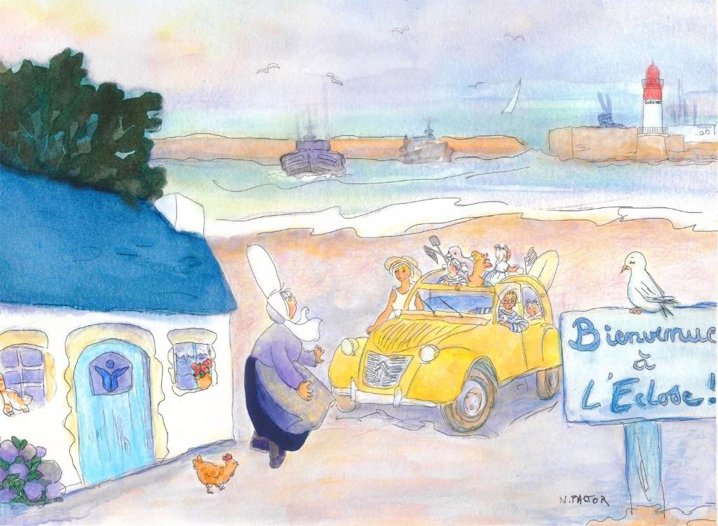 a painting of a yellow car with people in it at L'Eclose in Le Guilvinec