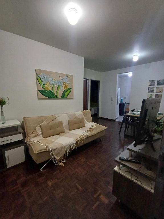 a living room with a couch and a television at Cê Achegue Aqui Uai in Contagem