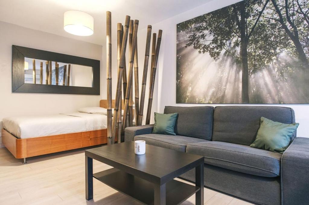 un salon avec un canapé et un lit dans l'établissement Le Rivieira garage et terrasse, au bord du Lez, à Montpellier