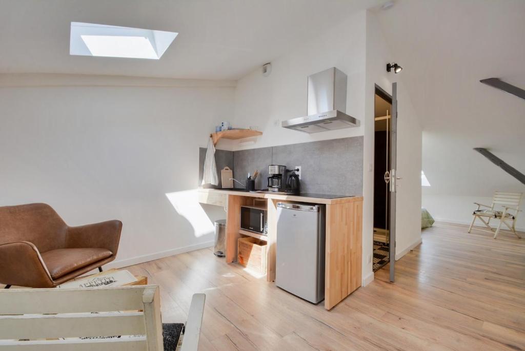 een keuken met een koelkast en een fornuis bovenste oven bij Appartement Place Stanislas 5eme in Nancy