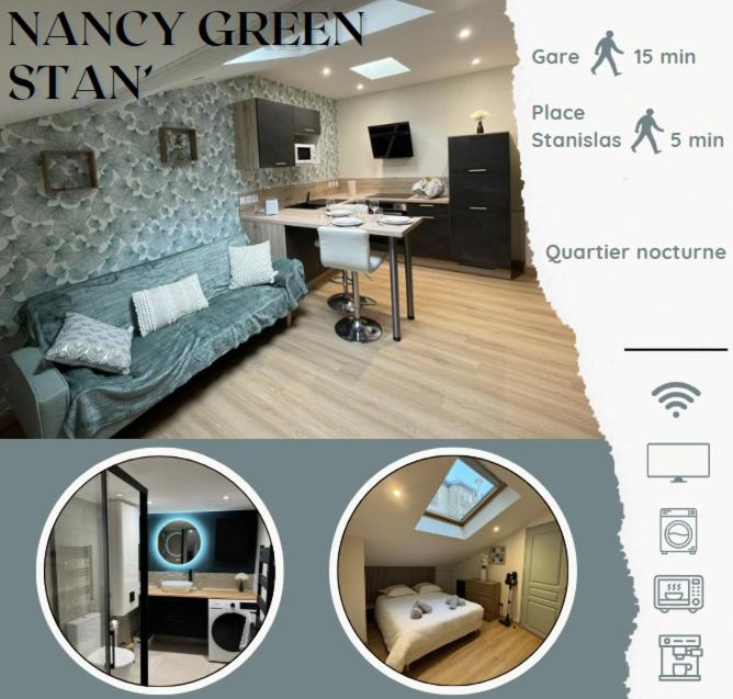 two pictures of a living room and a kitchen with a couch at Nancy Green Stan' in Nancy