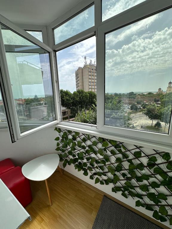 a room with windows and a red chair and a plant at Karolina Apartment in Alba Iulia