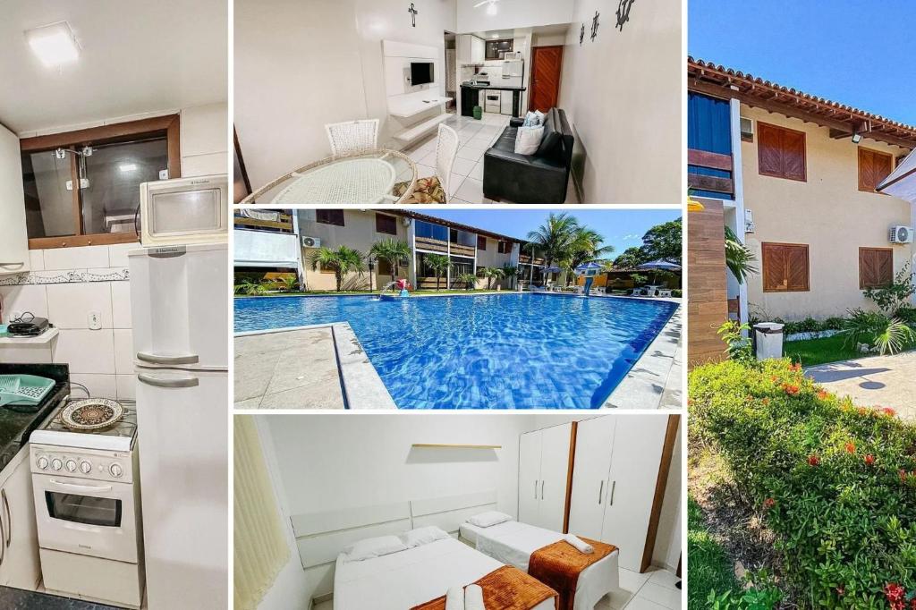 a collage of photos of a kitchen and a swimming pool at Flat com 1 quarto com ar split, sala e cozinha completa, No condomínio Portal do Atlântico a 100m praia de Taperapuã (Barraca do Gaúcho) , portaria 24hrs, piscina. in Coroa Vermelha