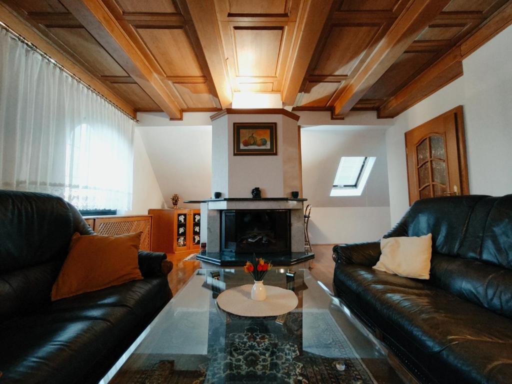 a living room with two leather couches and a fireplace at House IZI - parking, garden, 8 min ride to center in Maribor
