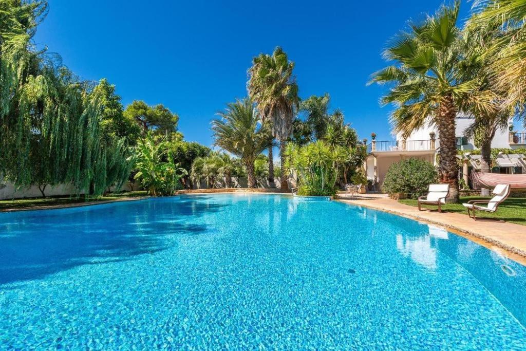 una gran piscina con palmeras en un patio en Villa Torre Bianca - Luxury Home, en Manduria