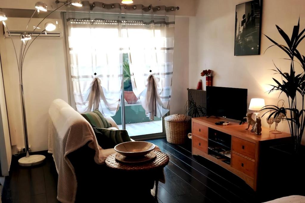 un salon avec un canapé et une télévision dans l'établissement Cosy F1 avec grande terrasse à 2 pas du tramway, à Nice