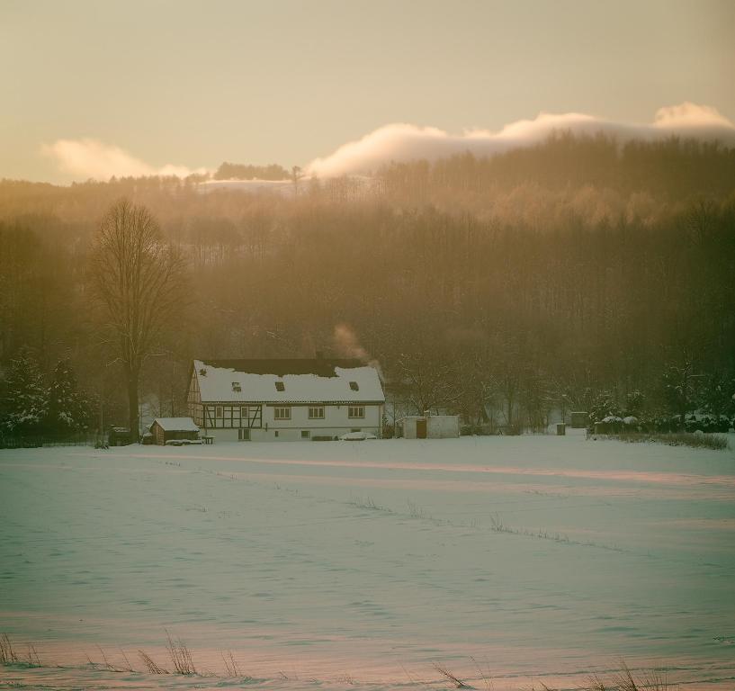 a house in a field with a snow covered field at The Old Barn ZIMOWY HIT Jacuzzi Piecyk Butikowy Dom 2 Noce minimum in Płóczki Górne