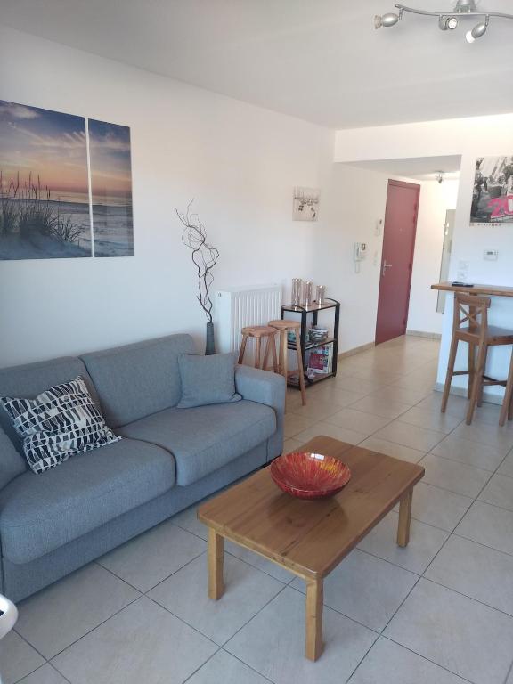 un salon avec un canapé bleu et une table dans l'établissement Appartement proche de la mer, à Banyuls-sur-Mer