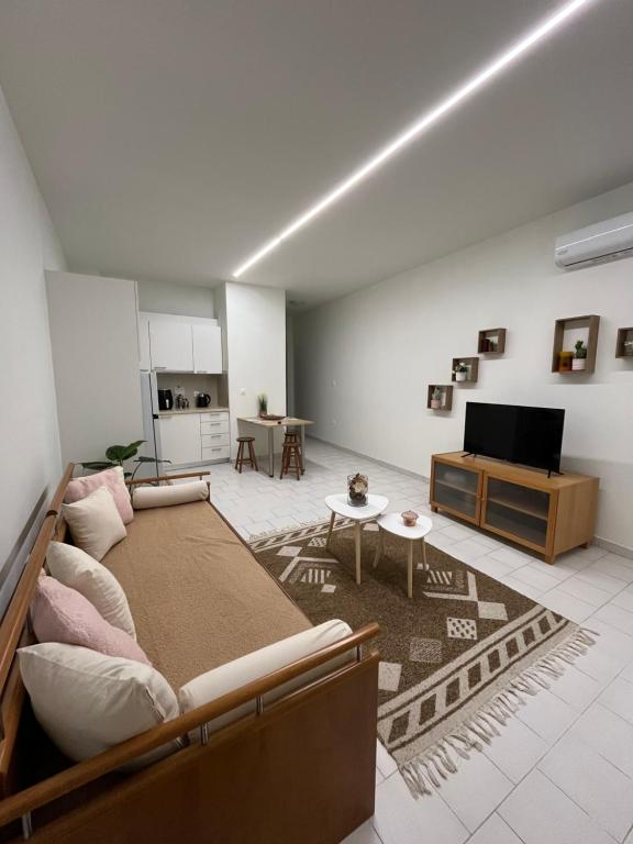 Una sala de estar con un sofá y un televisor en Jimilio 1, en Spáta