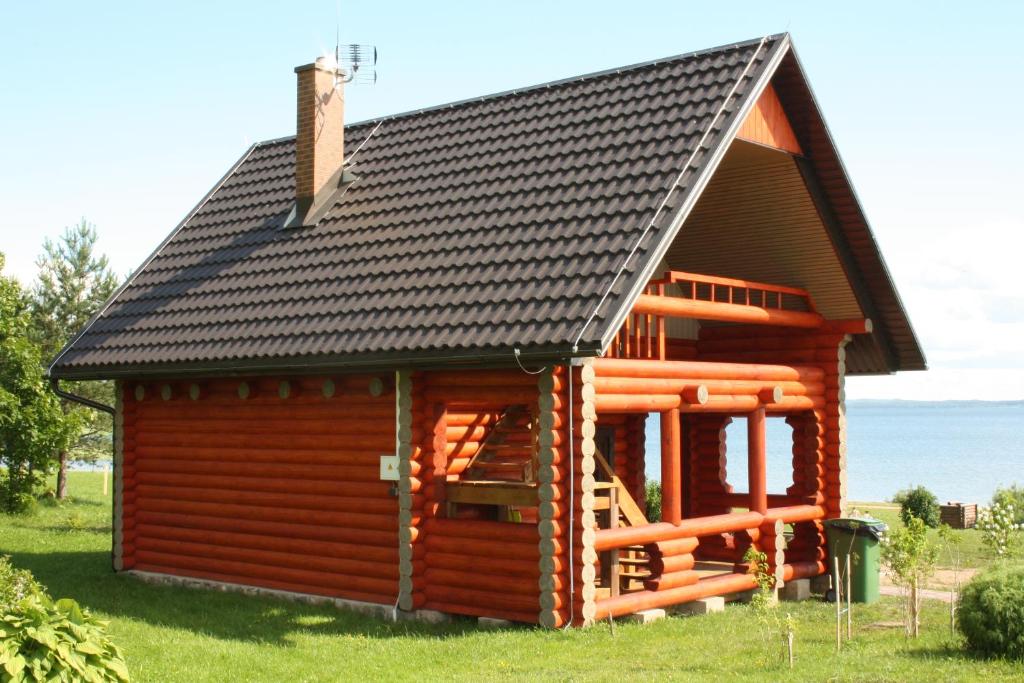 a log cabin with a pitched roof at Atpūtas komplekss " Ezerkrasti" in Čornaja