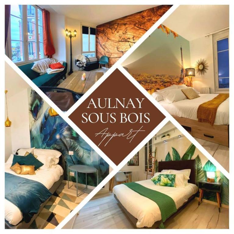 un collage de quatre photos d'une chambre d'hôtel dans l'établissement T5 - Aéroport CDG - Parc des Expositions Villepinte, à Aulnay-sous-Bois