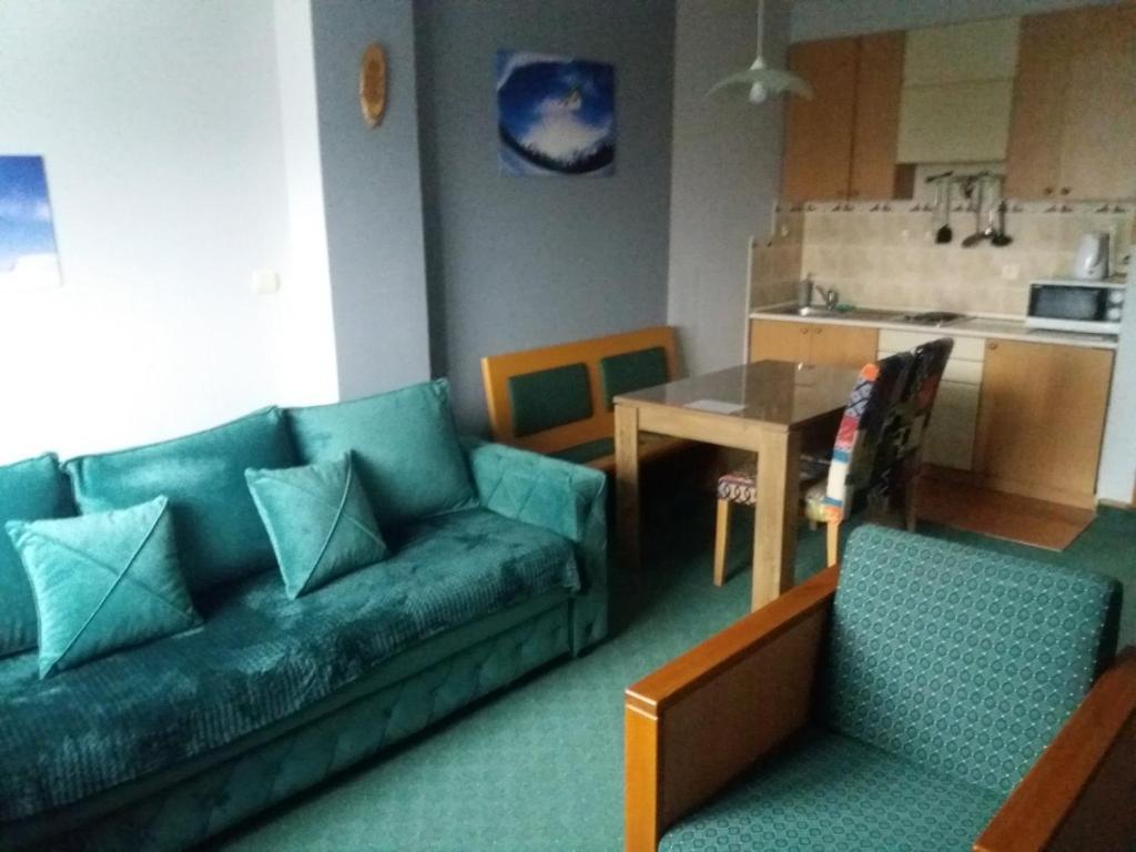 科帕奥尼克Kopaonik Vila Nikola 306 centar的客厅里有一张沙发和一张桌子。