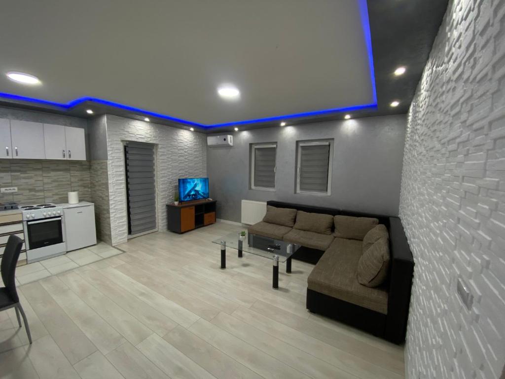 a living room with a couch and a tv at Infinity Apartman Obrenovac, sa parkingom privatnim in Obrenovac