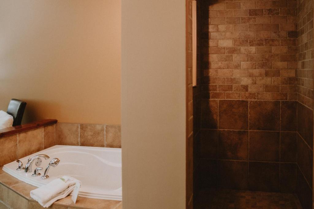 a bathroom with a tub and a shower at Auberge du Lac Morency in Saint-Hippolyte