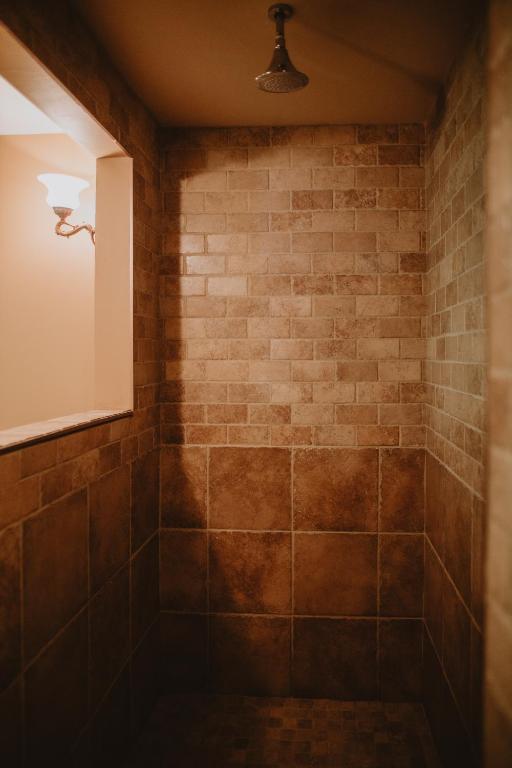 a bathroom with a shower with a brick wall at Auberge du Lac Morency in Saint-Hippolyte