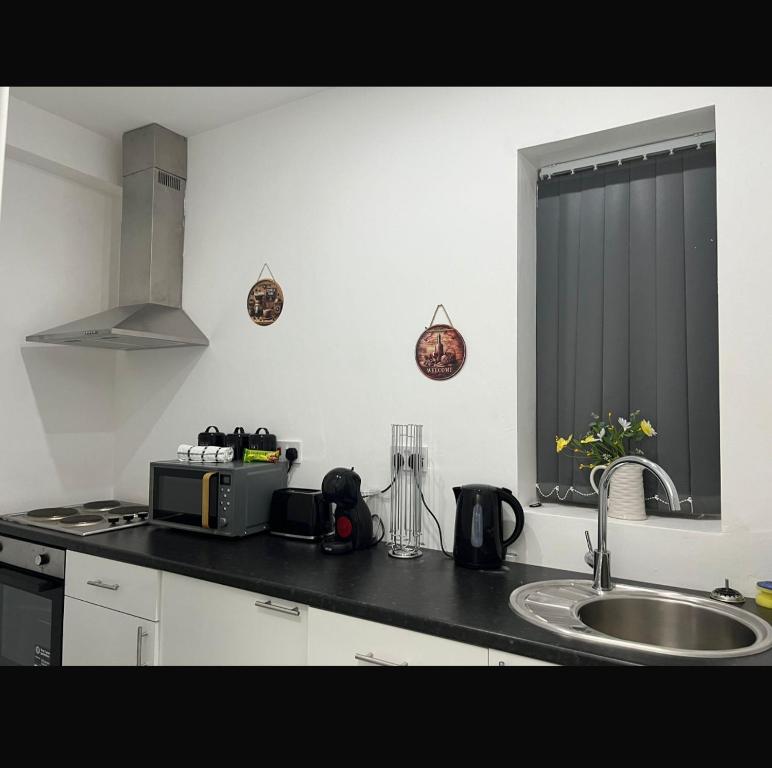 a kitchen counter with a sink and a microwave at Luton Centrally Located Apartment v close London Luton Airport in Luton