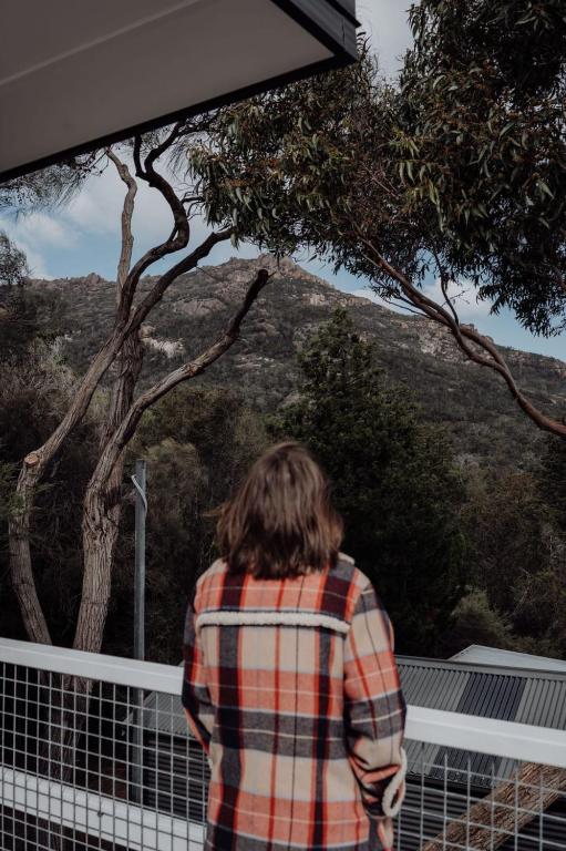 a person in a plaid shirt looking at a tree at Beaumont at Freycinet in Coles Bay