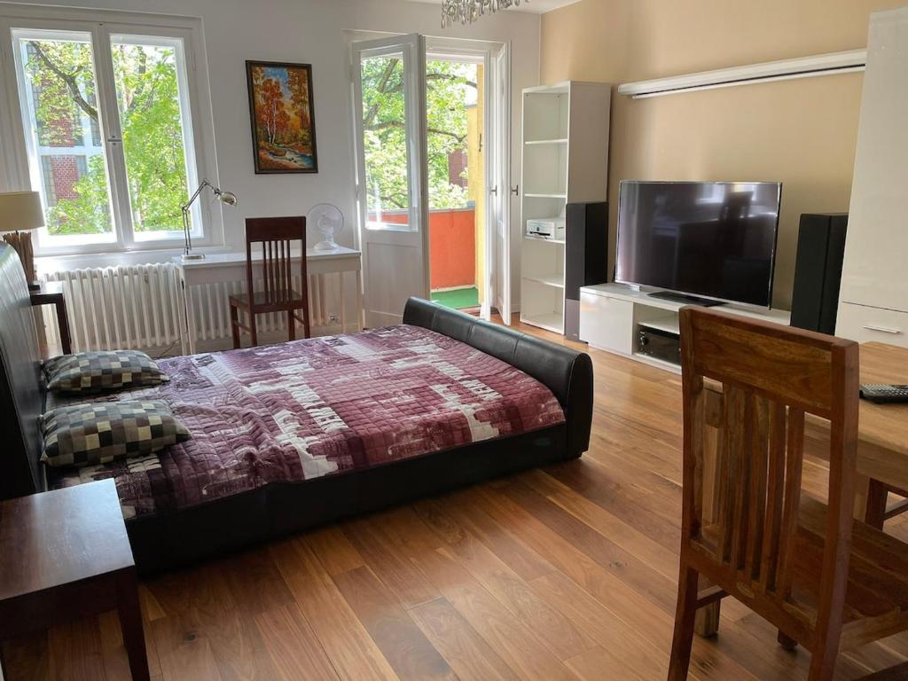 a living room with a bed and a flat screen tv at Modern and cozy apartment in good location in Berlin