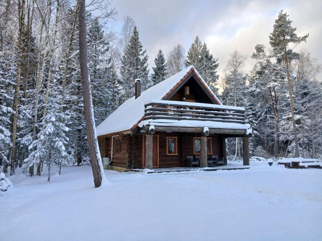 a log cabin with snow on the roof at Rooslepa puhkemaja in Tuksi