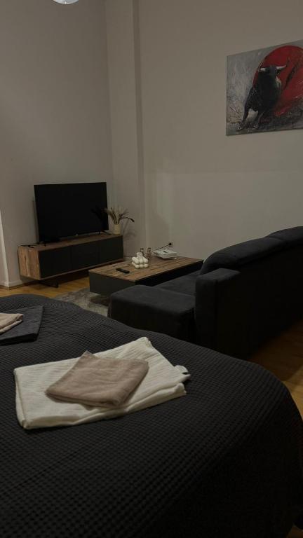 a living room with a black couch and a table at Downtown Chalet in Braunschweig in Braunschweig
