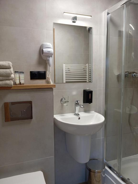 a bathroom with a sink and a shower at Zacisze in Rozalin