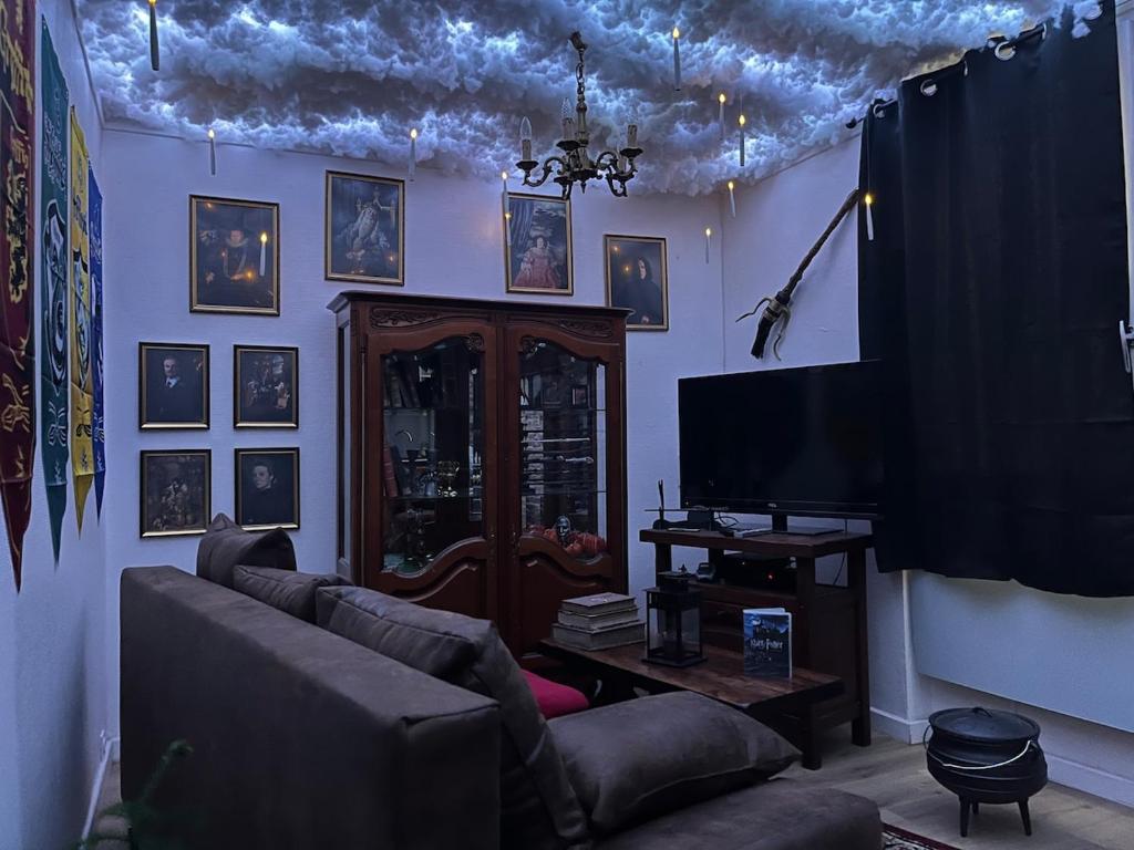 a living room with a couch and a tv at Le Refuge mysterieux d'Harry proche Gare Toulouse in Toulouse