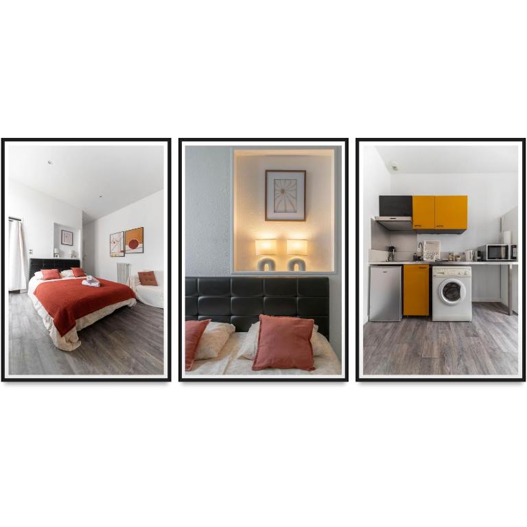 4 photos d'une chambre avec un lit et une cuisine dans l'établissement Residence Germot - Maison et Appartements design proche Thermes, à Vichy