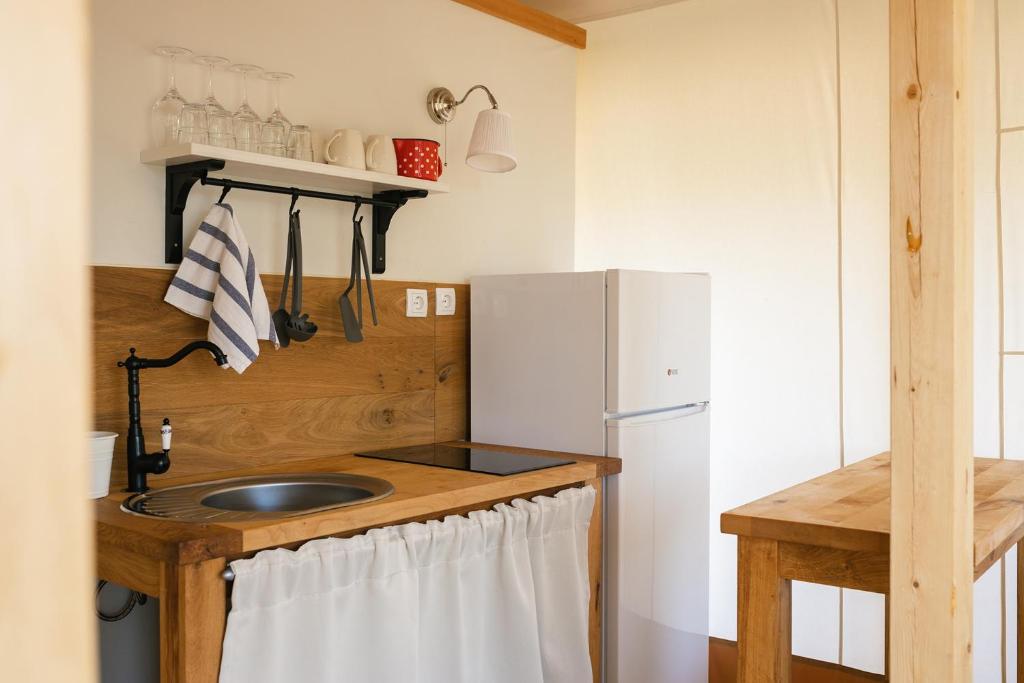 Kuchyň nebo kuchyňský kout v ubytování Glamping Kolpa Resort