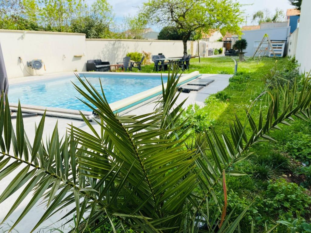 una piscina con una palmera en el patio en Villa L'Oasis, en Aytré