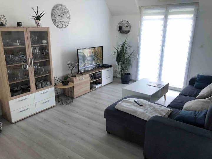 a living room with a couch and a tv at Appartement 2 pièces à Saint René in Hillion