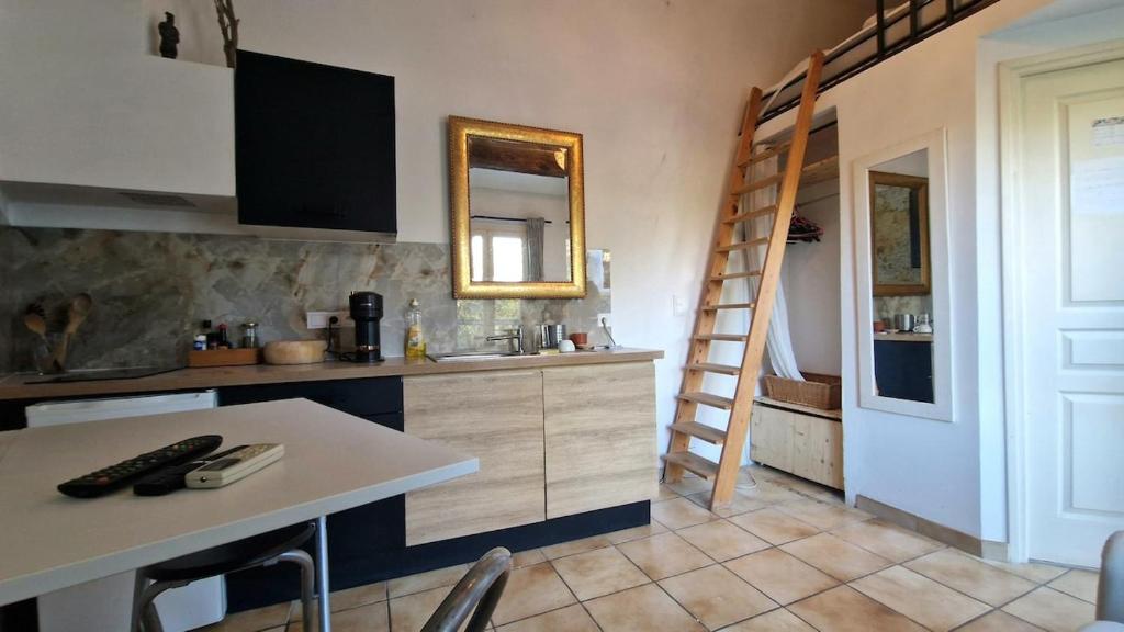 a kitchen with a counter and a ladder in a room at Studio coeur de Villeneuve in Villeneuve-lès-Avignon