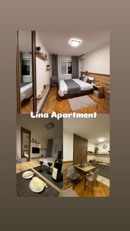 two pictures of a bedroom and a living room at Lina Apartment in Podgorica