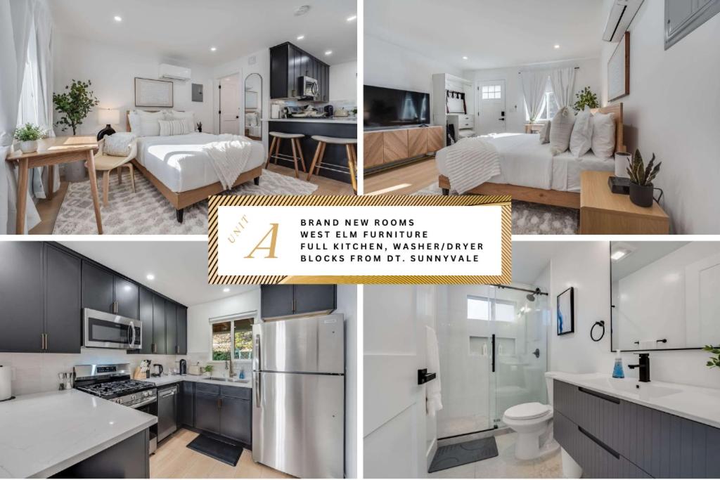 a collage of photos of a kitchen and a bedroom at Brand New Apt W Parking Blocks From Downtown- A in Sunnyvale
