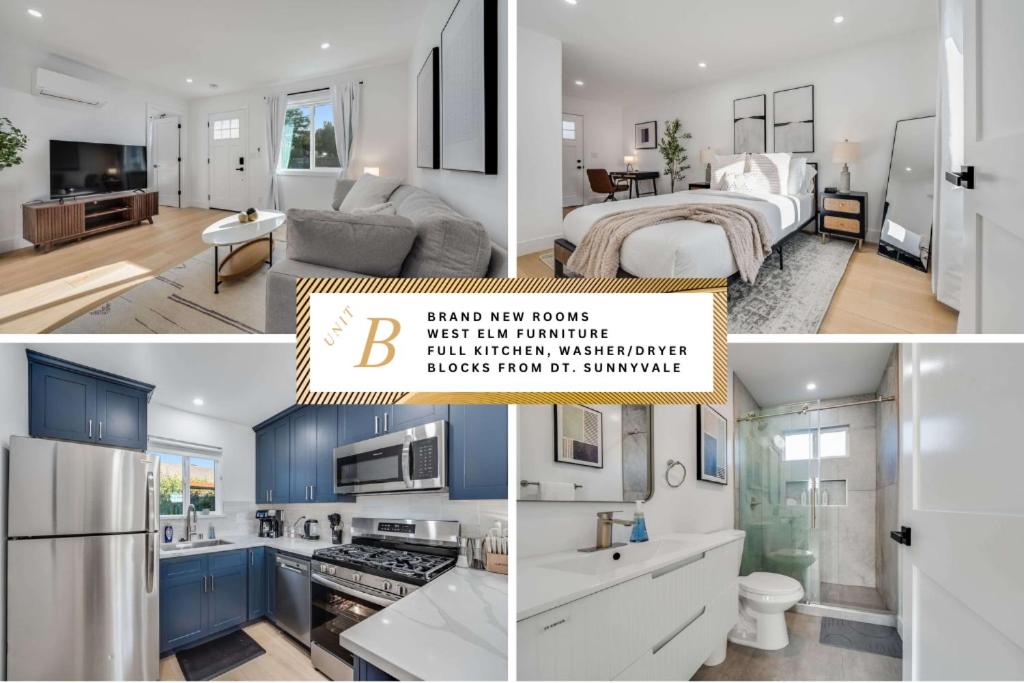 a collage of three pictures of a kitchen and a bedroom at Brand New Apt W Parking Blocks From Downtown- B in Sunnyvale
