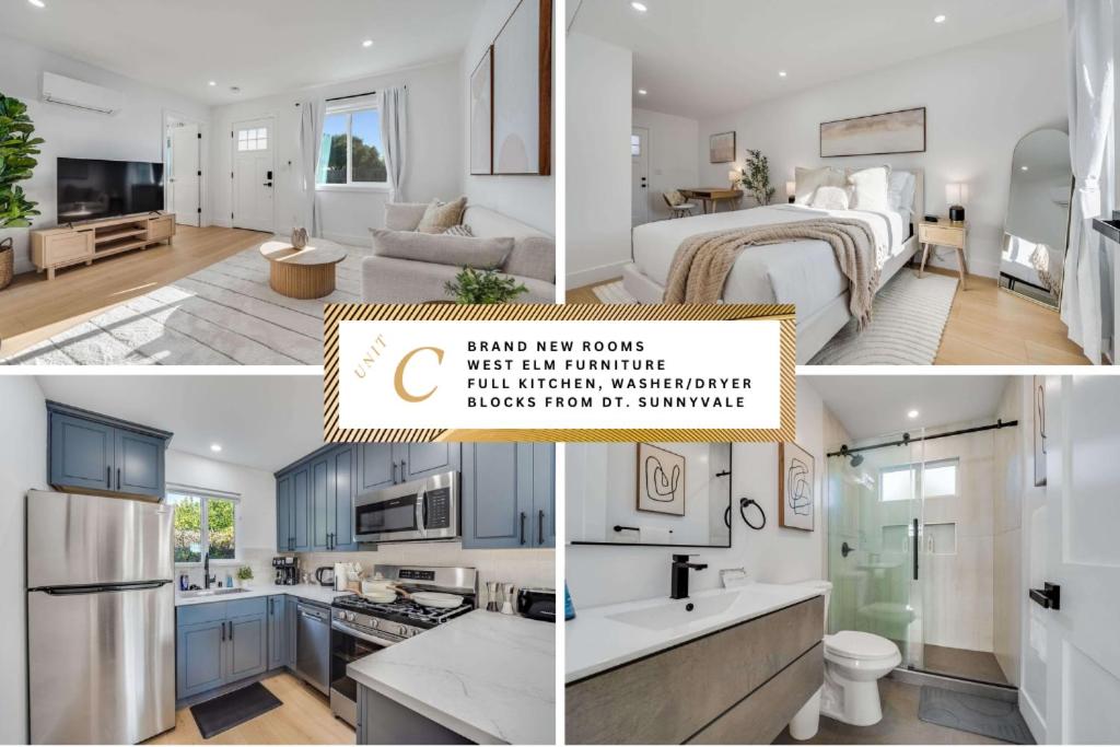 a collage of pictures of a kitchen and a living room at Brand New Apt W Parking Blocks From Downtown- C in Sunnyvale