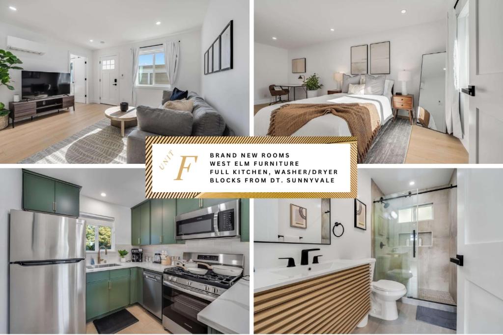 a collage of pictures of a kitchen and a living room at Brand New Apt W Parking Blocks From Downtown- F in Sunnyvale